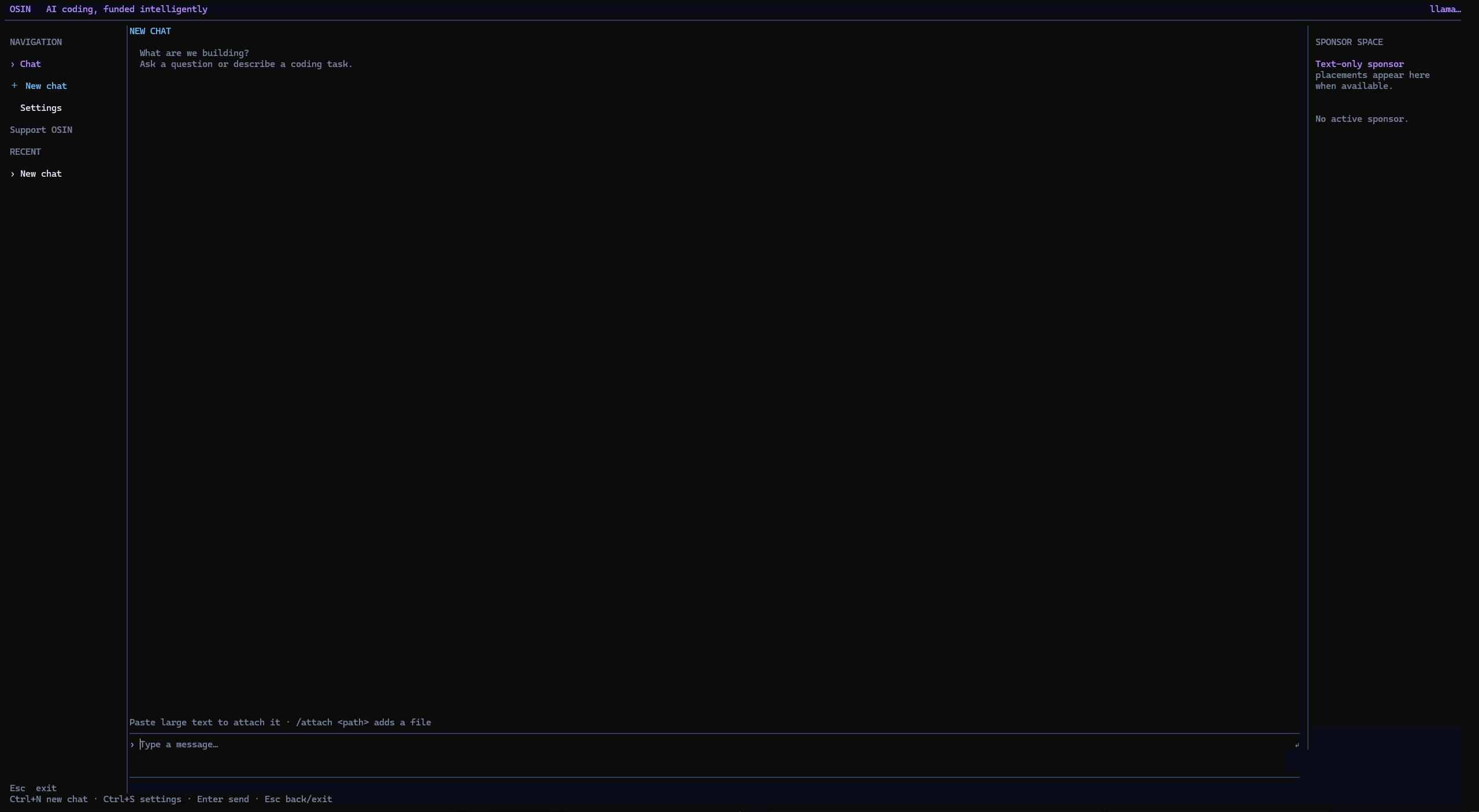 Screenshot of the real OSIN terminal interface running locally in Windows Terminal, showing its new-chat workspace and the /help command output.